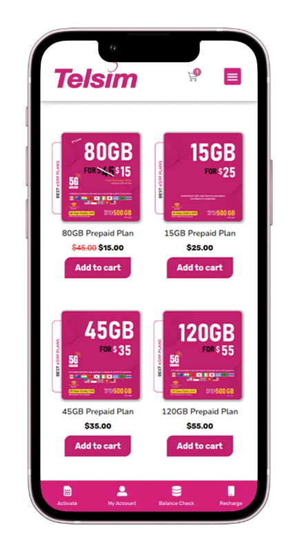 Telsim Add your eSIM Australia Prepaid Plans A view of prepaid eSIM Australia plans by Telsim online eSIM Australia Prepaid Plans on mobile screen.
